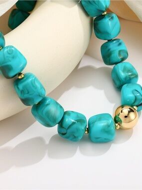 Turquoise Beaded Marbled Necklace with Gold Accent